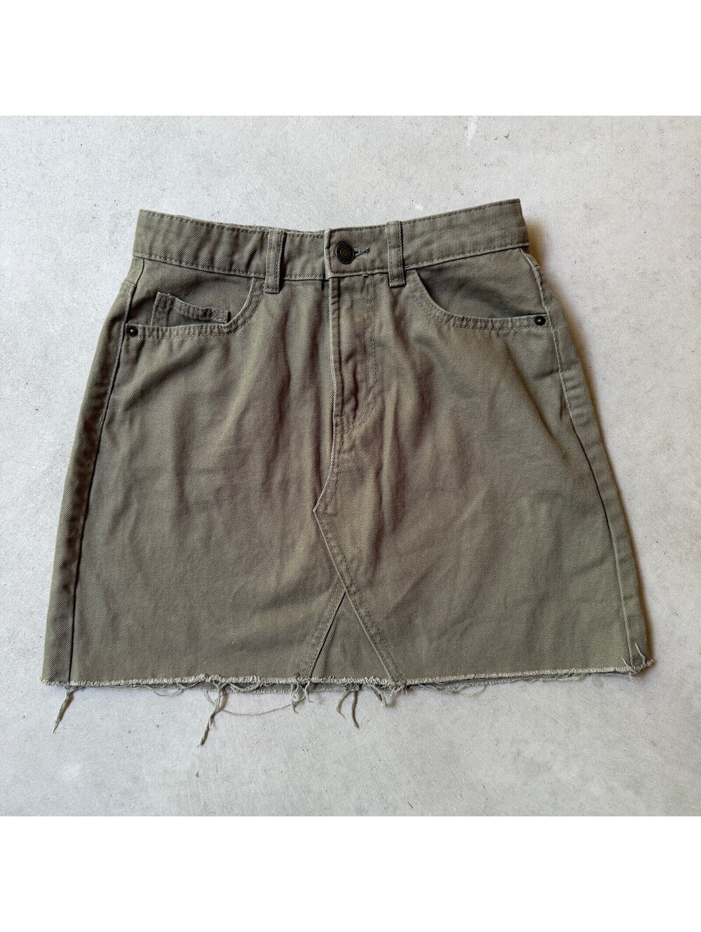 Olive Green Denim Mini Skirt with Raw Hem by Denim Co. 100% Cotton